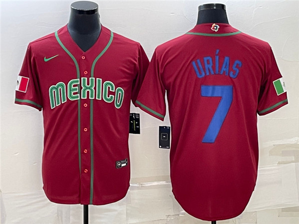 Men's Mexico Baseball #7 Julio Ur??as 2023 Red Blue World Baseball Classic Stitched Jersey